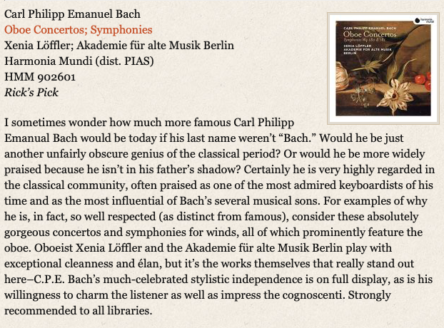 PIAS_USA's tweet photo. We could all use more "Absolutely gorgeous" CPE #Bach - On their new @harmoniamundi release oboeist Xenia Löffler and @Akamus "play with exceptional cleanness and élan" Thank you #CDHotlist - Avail: https://t.co/HfTGxg3RqB https://t.co/rhXygQOBWc