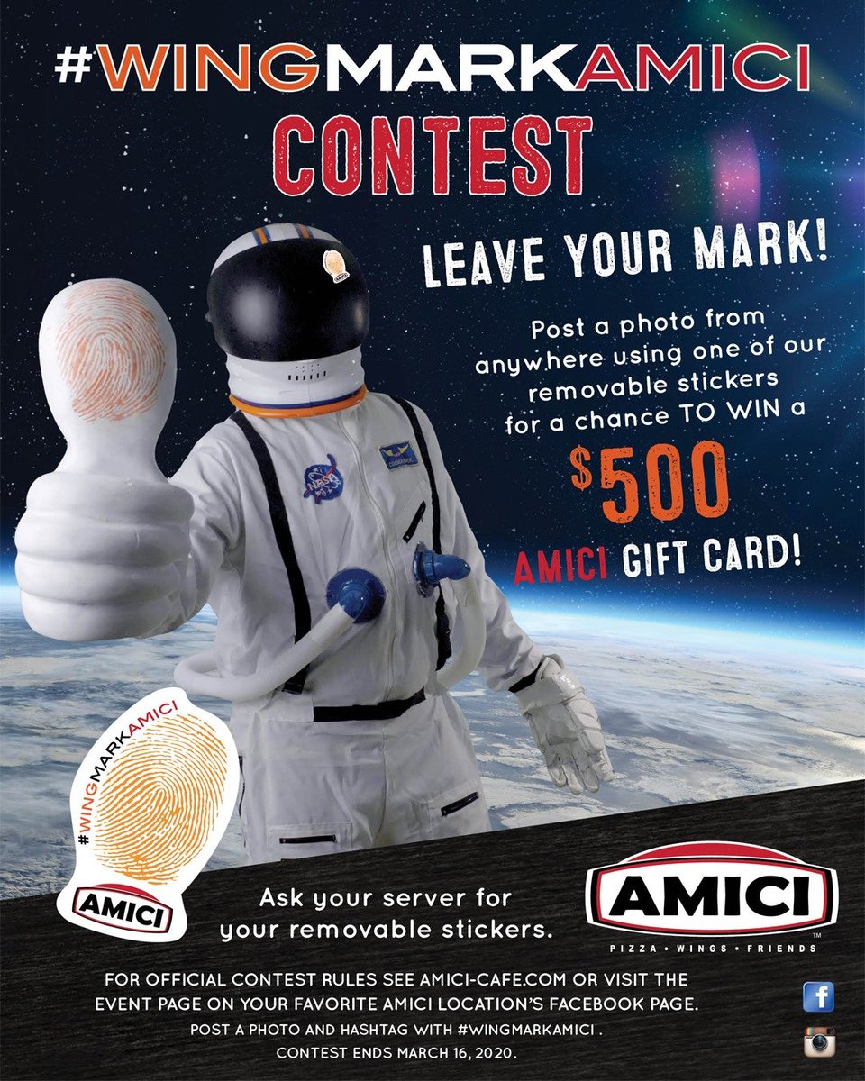 amiciclemson's tweet photo. Our #WingMarkAMICI CONTEST is going on NOW!👍
Post a photo for a chance to WIN a $500 Amici gift card!
For official contest rules visit https://t.co/TICqhJDNp1! https://t.co/poxC0KsWgK