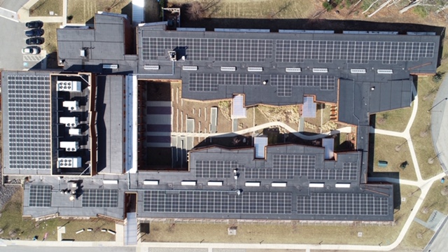 A drone took this picture today of solar panels on Field School!