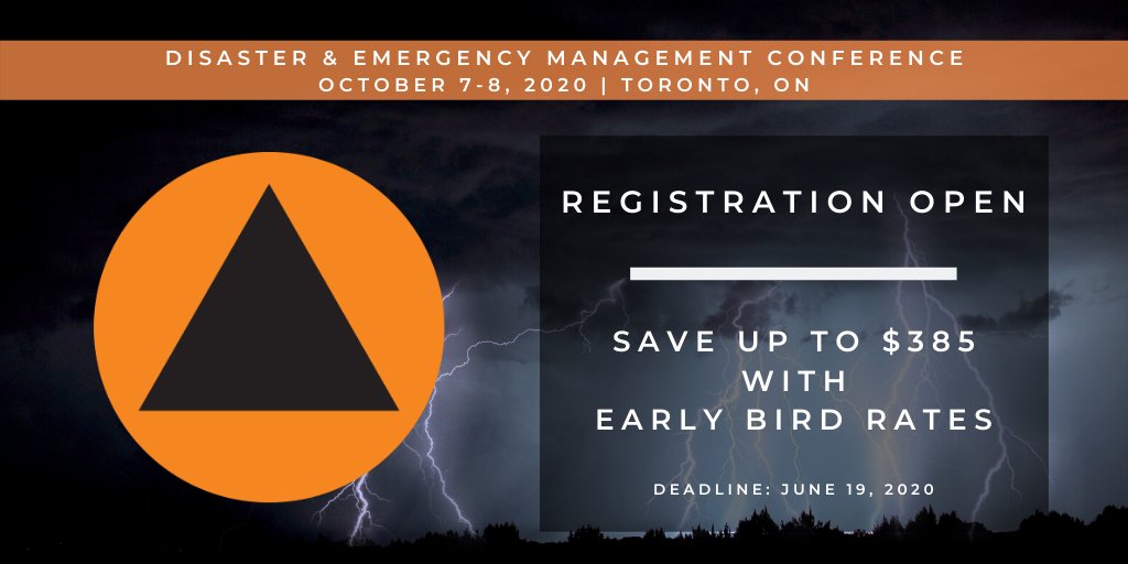 OntarioDEMCON's tweet photo. EARLY BIRD REGISTRATION IS NOW OPEN! Save up to $385 when you register today for #DEMCON2020 – October 7-8 #Disastermanagement #emergencymanagement #DEMCON #DEMCON20 #Conference
https://t.co/zlAEi4rUqn https://t.co/JK7YZqcwOz
