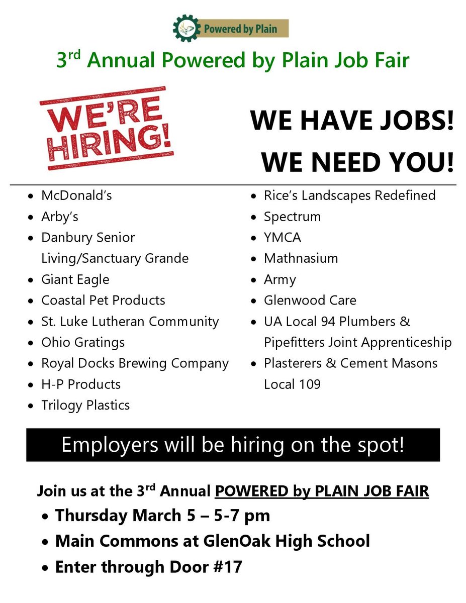 PlainLocal's tweet photo. Please Share! GlenOak HSB students are hosting the 3rd Annual Powered by Plain Job Fair on 3/5 from 5-7 pm at GOHS! This free event is for both students and adults in our community looking for employment! 

#poweredbyplain https://t.co/ZwMtQwt5b5