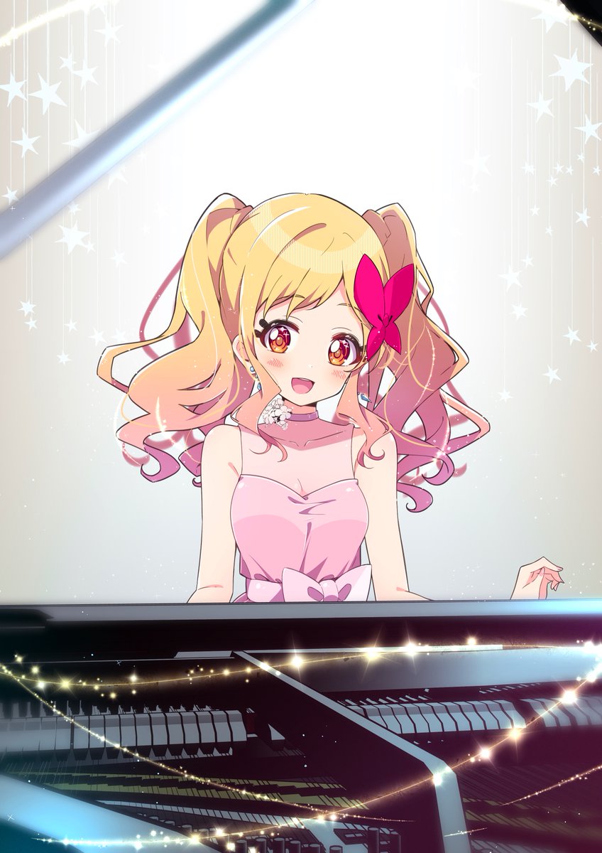 1girl dress solo piano blonde hair gradient hair twintails  illustration images