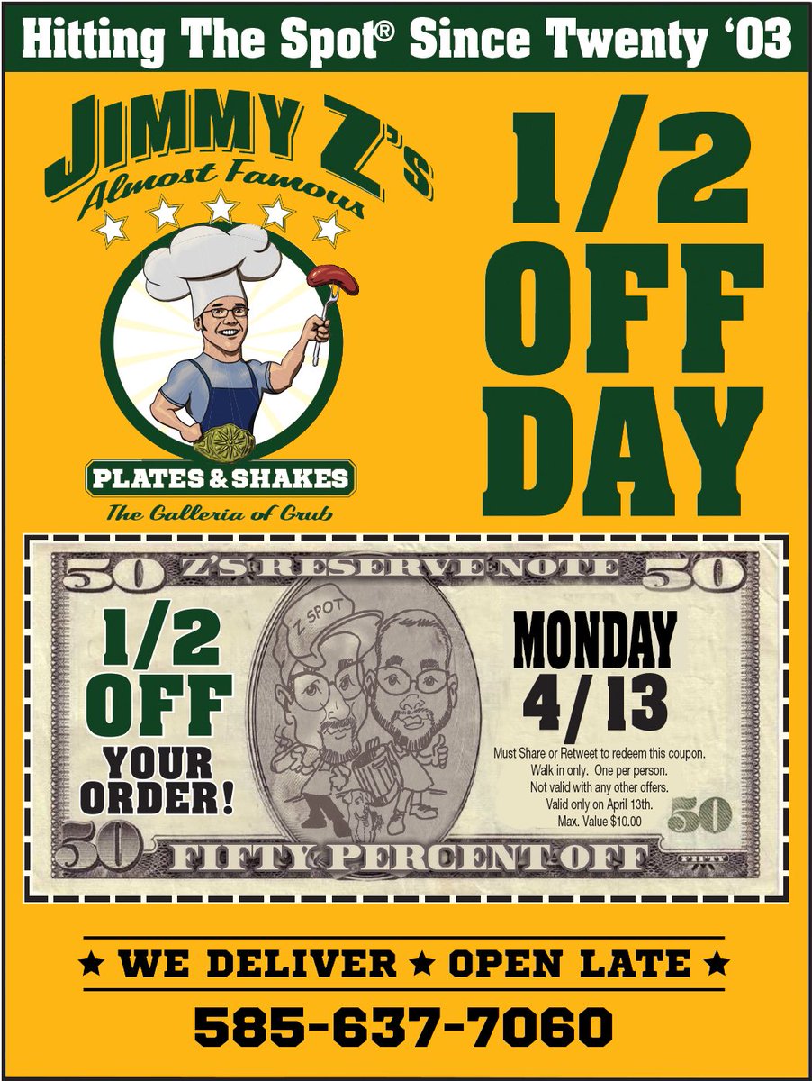 The 5th ANNUAL “1/2 OFF DAY” is BAACK!!!💥
•
Follow this page and RT this post to redeem the COUPON💥
•
6 Monday’s AWAY, MARK your 🗓🖊💥
•
#gottaGETyourZs #brockport #JimmyZs
