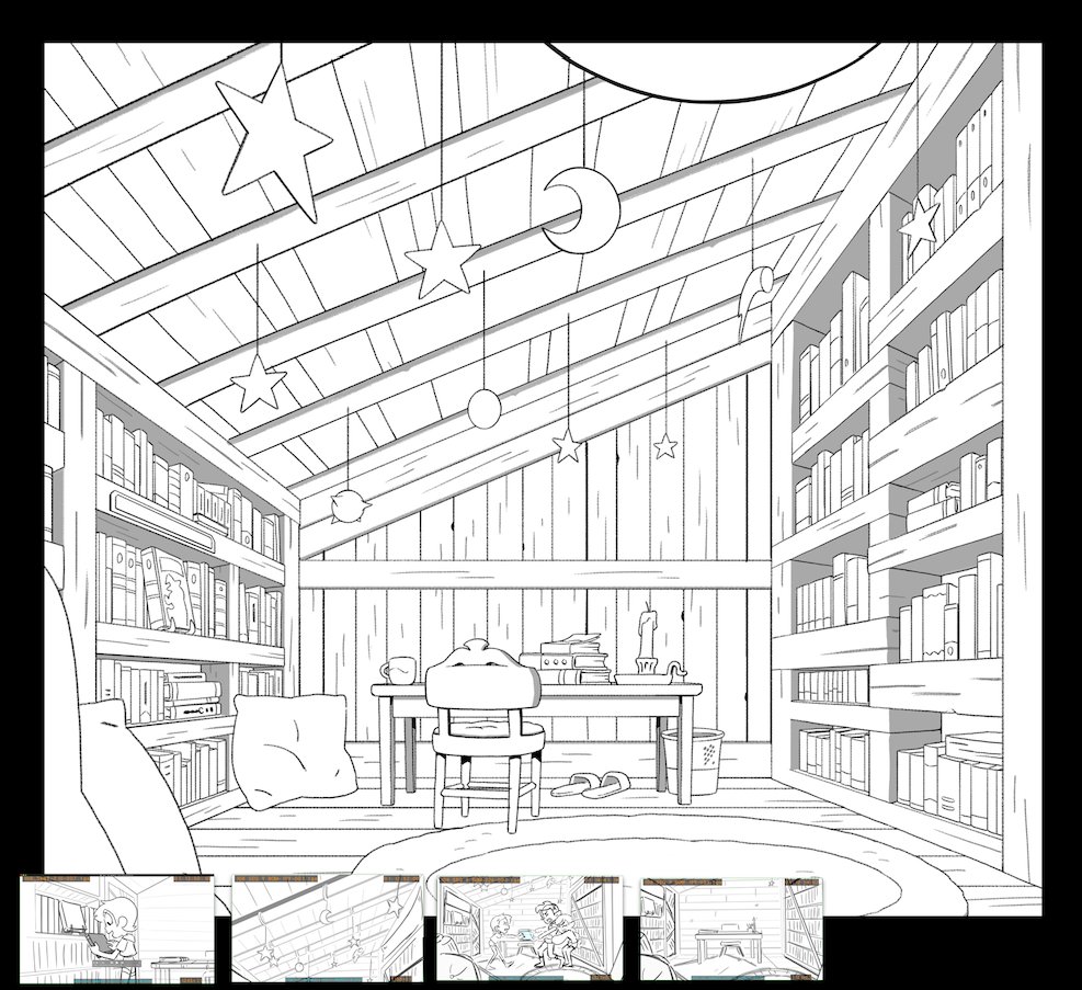 Library episode!! I didn't work much on this one (most of the library was handled by the incomparable @intindra and @SteSug)! I mostly did some fill and roughs here. I was busy working onnnnnn 