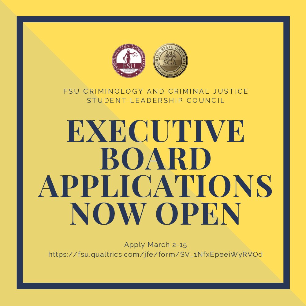 FSUCrimSLC's tweet photo. Applications for our Executive Board are now open! Check out our Facebook post (https://t.co/Zq03Yctrsh) for full information and the apply using the link below.
https://t.co/E5NYN6ECJT

Application are due March 15th so be sure to get ahead of the game and apply early! https://t.co/YsUC24vrkn