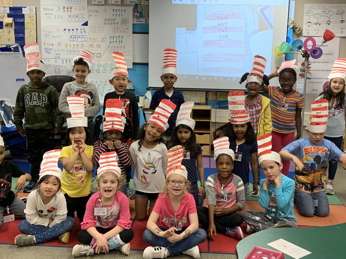 collierkinder's tweet photo. Happy birthday, Dr. Seuss!  We wrote _at words on our Cat in the Hat hats.  @APE_Sailors https://t.co/kiQkaEXFaM