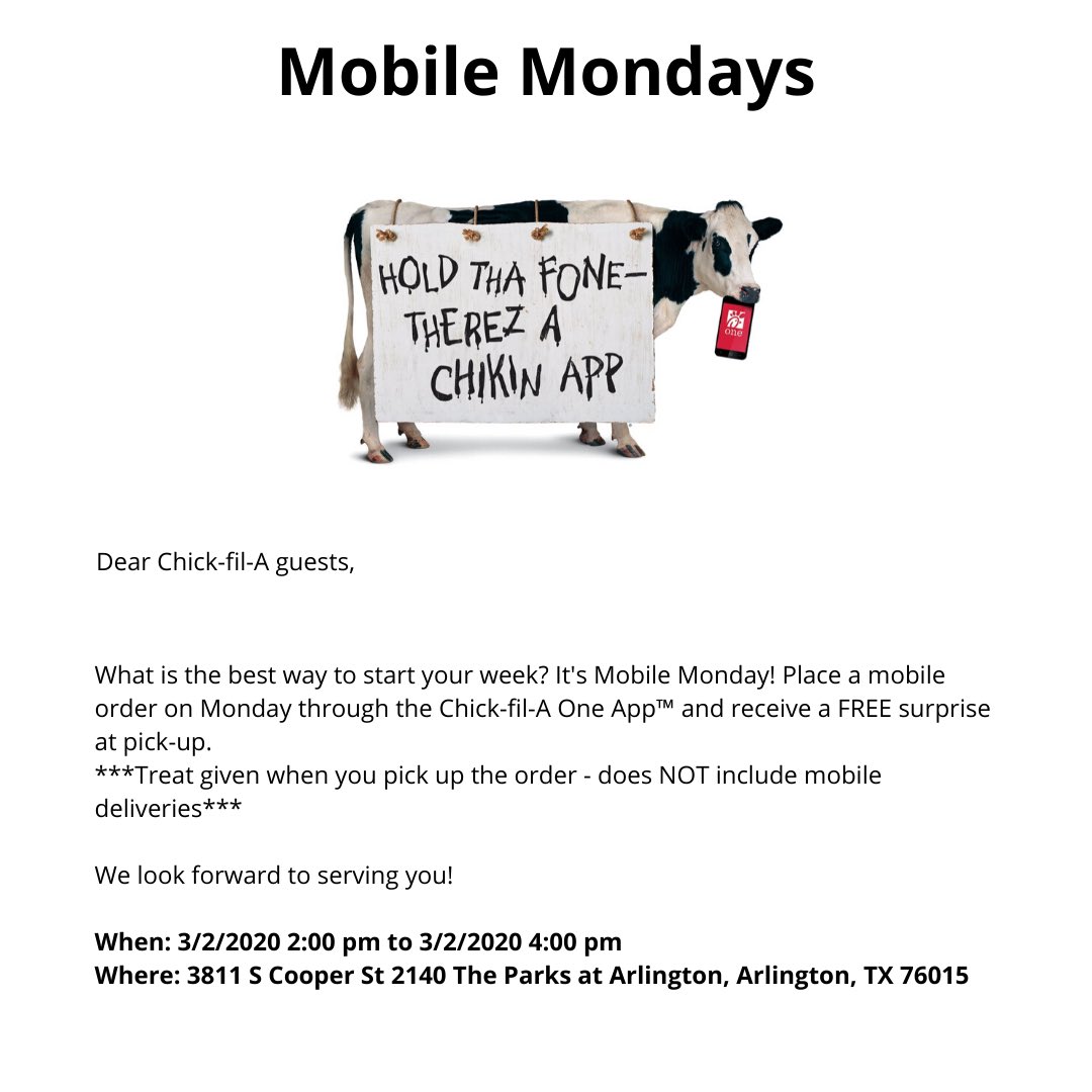 It’s Mobile Monday! Place a mobile order today from 2:00 pm to 4:00 pm and receive a FREE surprise at pick-up. We look forward to serving you!