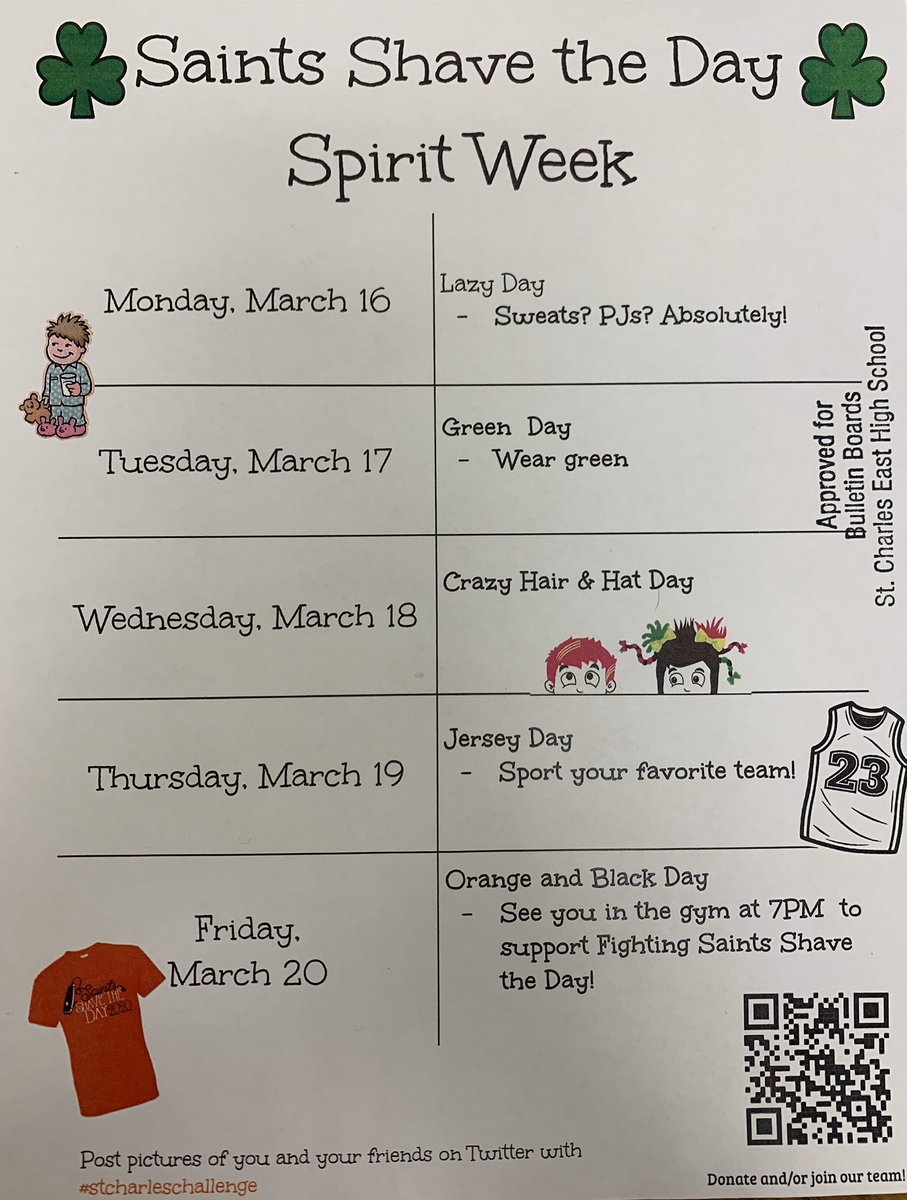 Show your support by participating in the spirit week! #stbaldricks #saintsshavetheday #spiritweek <a href="/StCharlesD303/">School District 303</a> <a href="/stcchallenge/">StCharlesChallenge</a> <a href="/StCharlesEast/">St. Charles East HS</a>