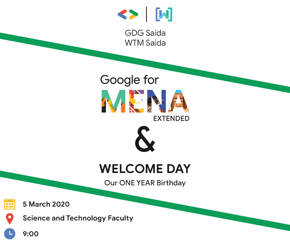 Welcome day is your chance to know more about the GDG and WTM communities , their goal, and  maybe your chance to be part of it 🤩
Google for MENA extended came along bringing you new technology updates 

We can't wait to see you all 🙋🙋🏽‍♂️