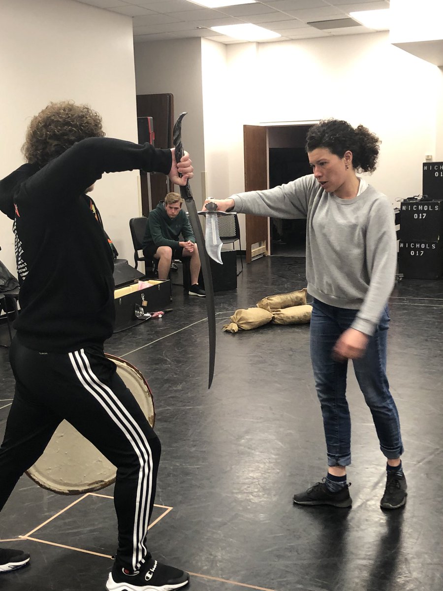 KStateTheatre's tweet photo. “Hold fast the mortal sword!” More swordplay is at hand with our fight choreographer Jacquie Loewen and our Macbeth played by Cole Rockhold!

#macbethksu #seetheatre #experiencemtd https://t.co/V7mOFCPq1o