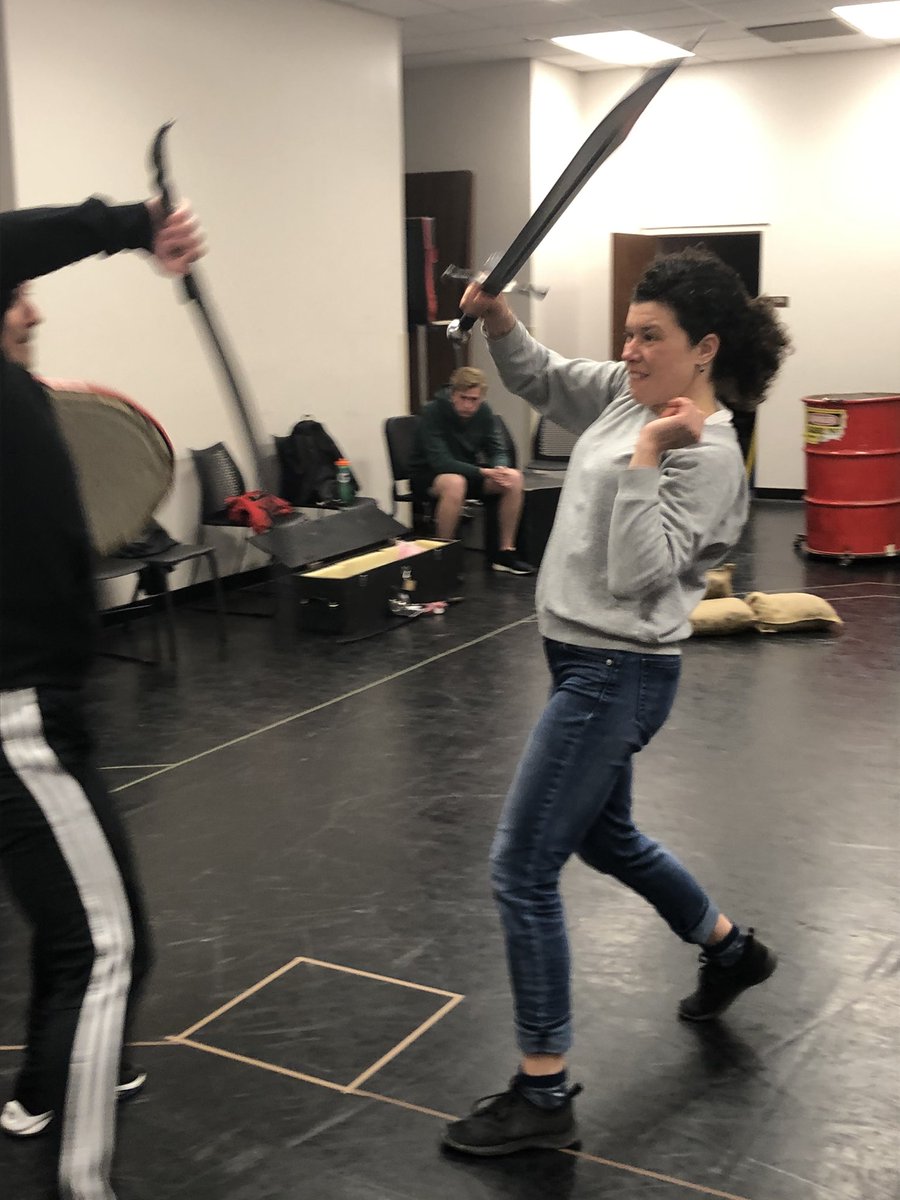 KStateTheatre's tweet photo. “Hold fast the mortal sword!” More swordplay is at hand with our fight choreographer Jacquie Loewen and our Macbeth played by Cole Rockhold!

#macbethksu #seetheatre #experiencemtd https://t.co/V7mOFCPq1o