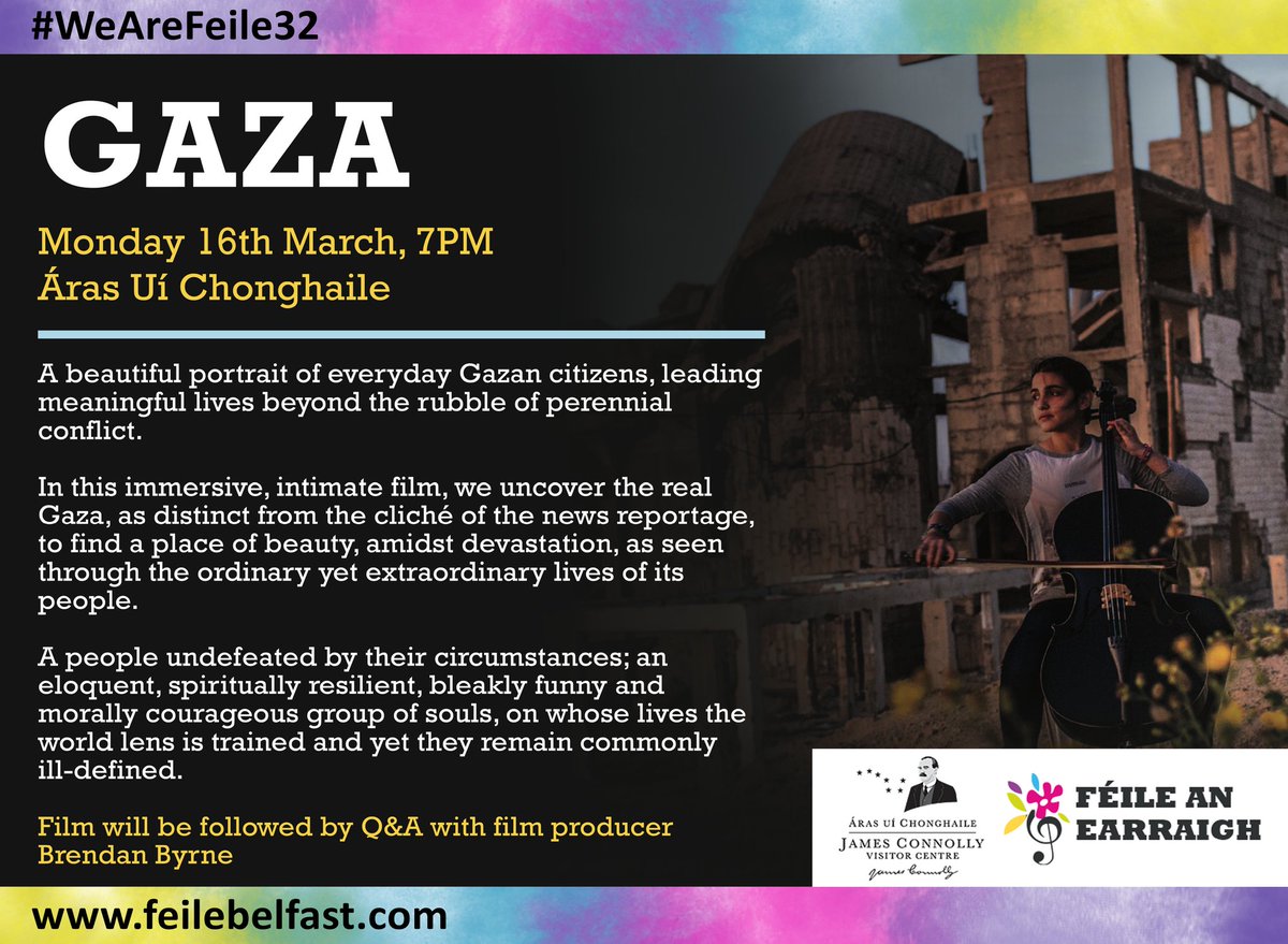 🎞GAZA
📅Monday 16th March, 7pm
📍Áras Uí Chonghaile 

A beautiful portrait of everyday Gazan citizens, leading meaningful lives beyond the rubble of perennial conflict.

Followed by Q&amp;A with Fine Point Films film producer <a href="/brendanjbyrne/">brendan byrne</a> 

#WeAreFeile32