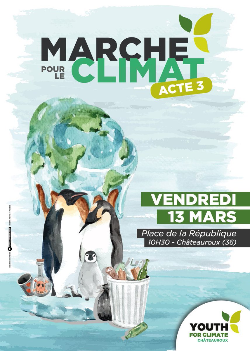 YouthClimate36's tweet photo. 🕺La voici, la voilà, l'affiche officielle de l'acte 3 à Châteauroux ! Un an après la première mobilisation internationale, c'est le 13 mars que nous vous donnons rendez-vous.
⏳Nouveauté : le départ aura lieu à 10h30 place de la République.
🔃 Partagez à fond l'information ! https://t.co/yqYuRnvvIX