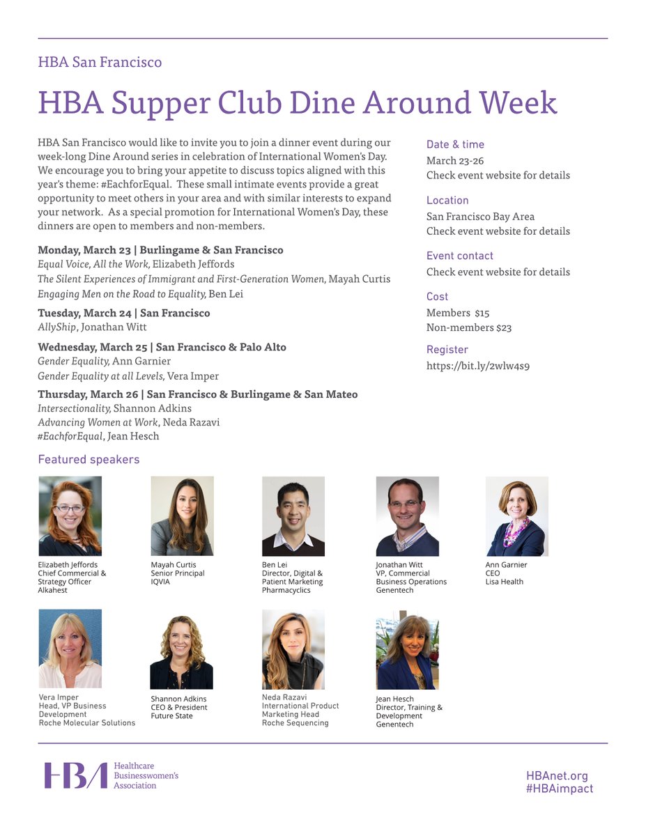 HBAPacific's tweet photo. #HBASF invites you to join us for dinner, during our week-long Dine Around series in celebration of #IWD2020. As a special promotion for International Women's Day, these dinners are open to members and non-members. Register at https://t.co/AHt9FWMgTm
#HBAImpact  #EachforEqual https://t.co/H1evwwxw0M