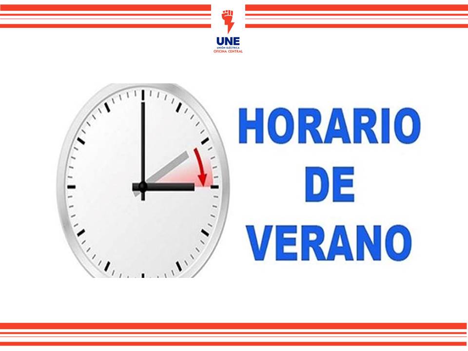 OSDE_UNE's tweet photo. La Oficina Nacional para el control al Uso Racional de la Energìa(ONURE) informa que desde el pròximo domingo #8Marzo regirà el #HorarioDeVerano. Los relojes ⏱️deberàn #adelantarse 1 hora en la medianoche del sàbado 7 de marzo. #AhorraAhora #loquenosUNEcompromiso 😊🇨🇺🙌👉😉 https://t.co/TipzUkkr5m
