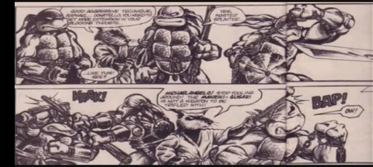 I find it funny when Rise of the TMNT was revealed, some fans were upset that Raph and Mikey's weapons were changed to Tonfās and Kusari-fundo/Manriki-gusari, that it went against the source material. When in reality, it was a call back to the comics, when they were in training.