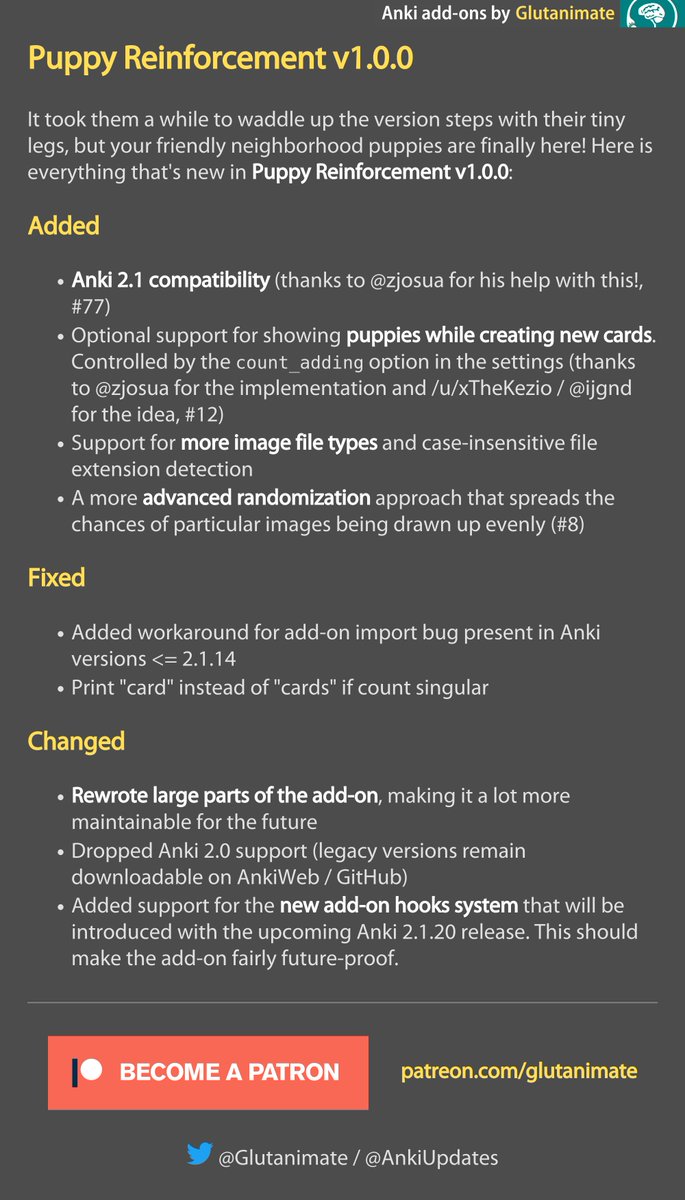 Puppy Reinforcement v1.0.0 is now available on AnkiWeb!: ankiweb.net/shared/info/17…

Let me know what you think via <a href="/glutanimate/">Glutanimate</a>
Support my work: patreon.com/glutanimate

#AnkiAddons #AnkiSRS #Anki #SpacedRepetition