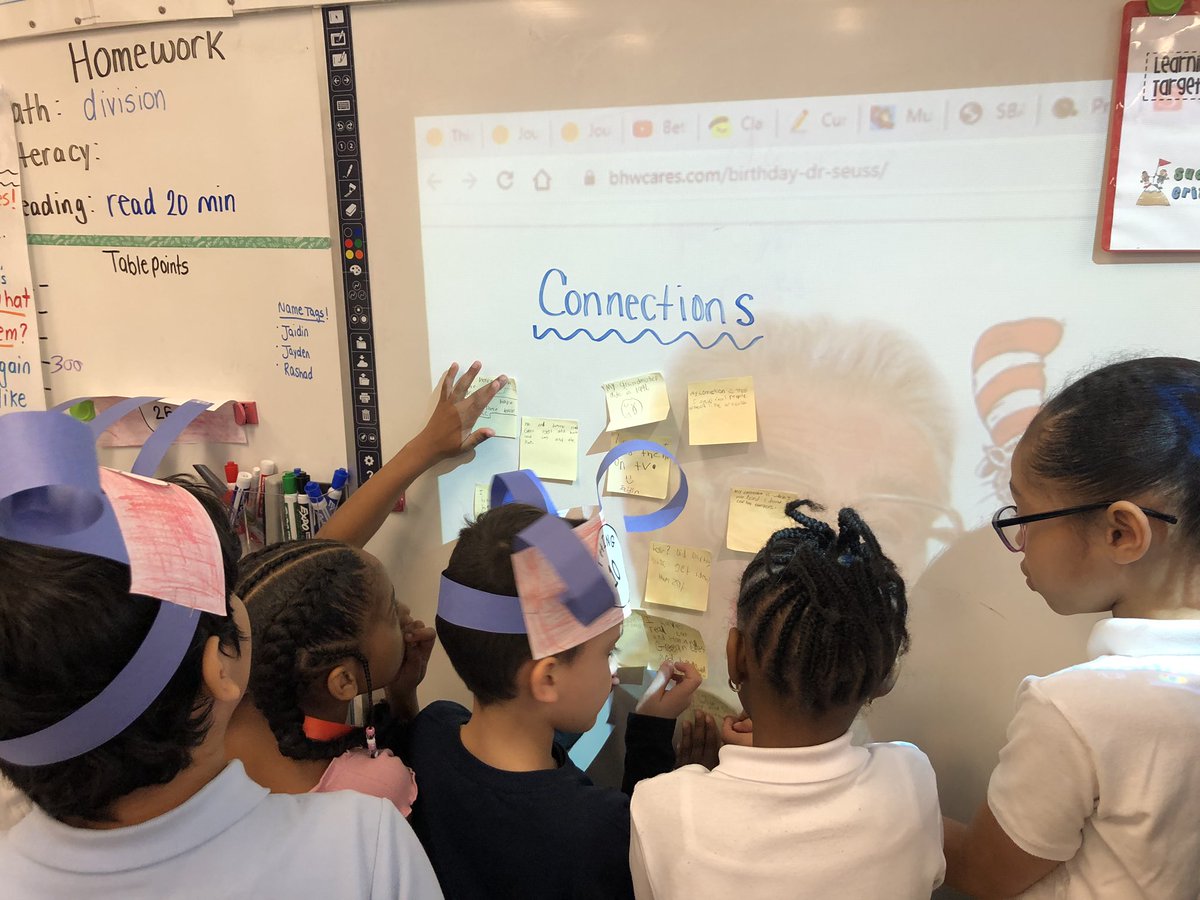 MsHernandezzz's tweet photo. Students read an informational text about Dr. Seuss with a partner of their choice. Each student had to write one fact and make one connection! After students read each other’s responses and found lots of similarities! #NBUshift #ReadAcrossAmericaDay #studentcenterlearning https://t.co/lS2Cq2rAop