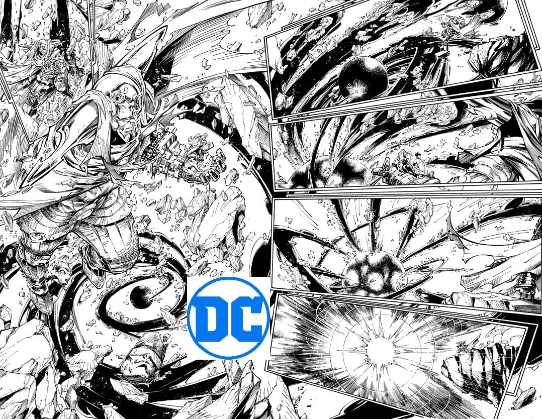 NormRapmund's tweet photo. Double splash page from Flash Forward #6. Booth/Rapmund. @thedcnation @DCComics #FlashForward #WallyWest #TheFlash #Flash #Flash750 @Demonpuppy #OriginalArt #lineart #splashpage https://t.co/XK3SHNWZlv