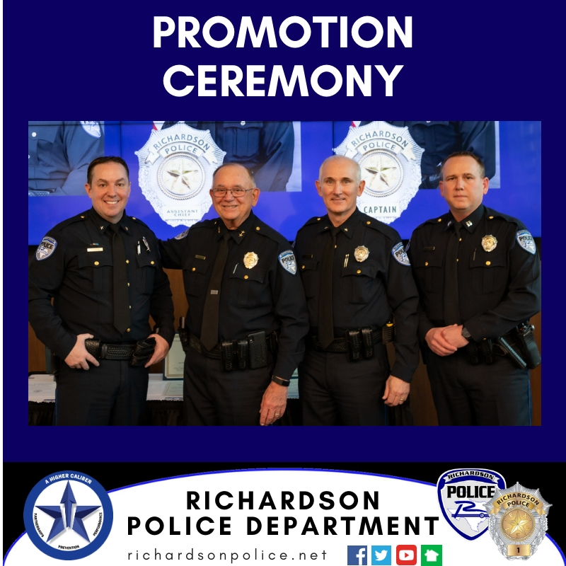 RichardsonTX_PD's tweet photo. We are excited to announce the promotion of Capt. Michael Bussiere and Capt. Gary Tittle to the rank of Assistant Chief. Congratulations are also in order for Lt. Jamie Gerhart, promoted to Captain.
(L to R - Asst. Chief Bussiere, Chief Spivey, Asst. Chief Tittle, Capt. Gerhart) https://t.co/gDHfN7wUDR