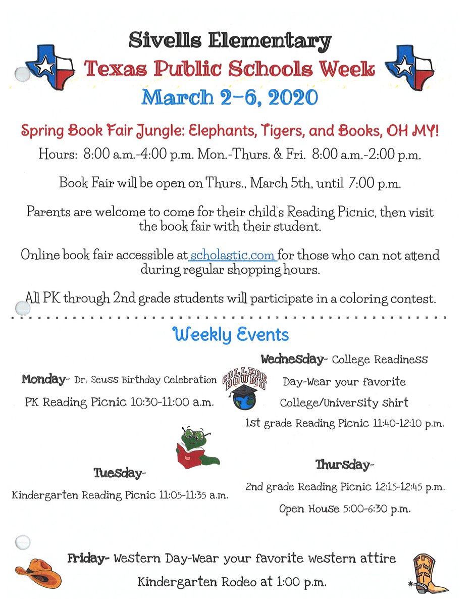 SivellsElem's tweet photo. Texas Public School week continues tomorrow! We will have Kindergarten Reading Picnic during their lunch. You may also take your child to visit the book fair in the library. #wearewharton #sivellssuccess #sivellsrocks #sivellsrules #sivellsstrong https://t.co/HC7Y6n3fxK