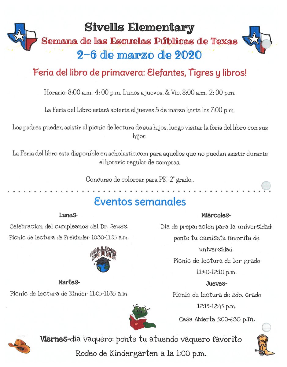 SivellsElem's tweet photo. Texas Public School week continues tomorrow! We will have Kindergarten Reading Picnic during their lunch. You may also take your child to visit the book fair in the library. #wearewharton #sivellssuccess #sivellsrocks #sivellsrules #sivellsstrong https://t.co/HC7Y6n3fxK