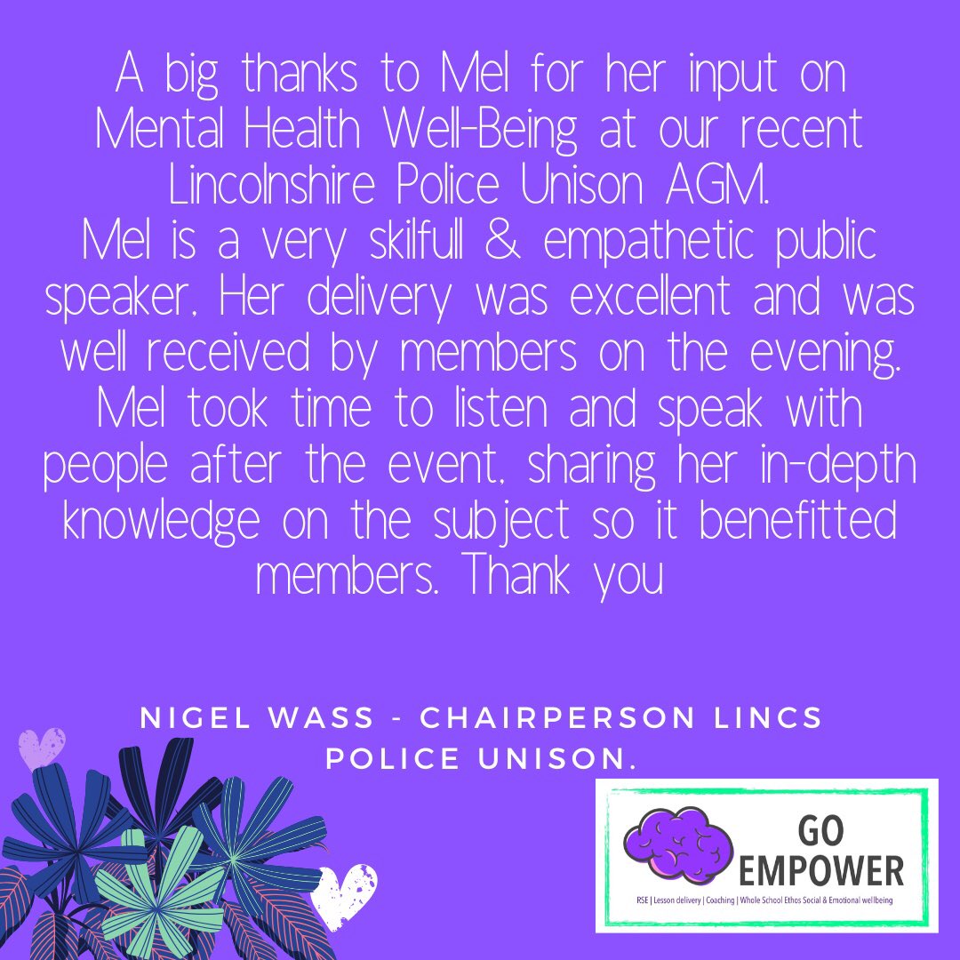 Mel_Standbrook's tweet image. Lovely feedback after speaking at the @LincsPolUNISON AGM. 

The biggest change anyone can make within organisations or schools with Mental Health is to normalise feelings &amp;amp; not be afraid to say ”I feel this because...” 

#GoEmpower #BeMoreThanHappyOrSad #Emotions #MentalHealth
