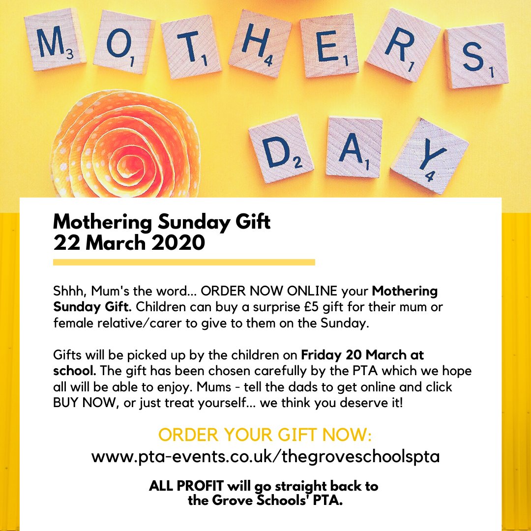 GroveSchoolsPTA's tweet photo. The PTA have introduced a Mother's Day Gift where children can buy a surprise token gift for their mum or female relative/carer to give to them on the Sunday. Gifts are just £5 - Orders are now being taken, so just head online and place yours! 👉https://t.co/I2e1EptzD4 https://t.co/yrycJEADYq