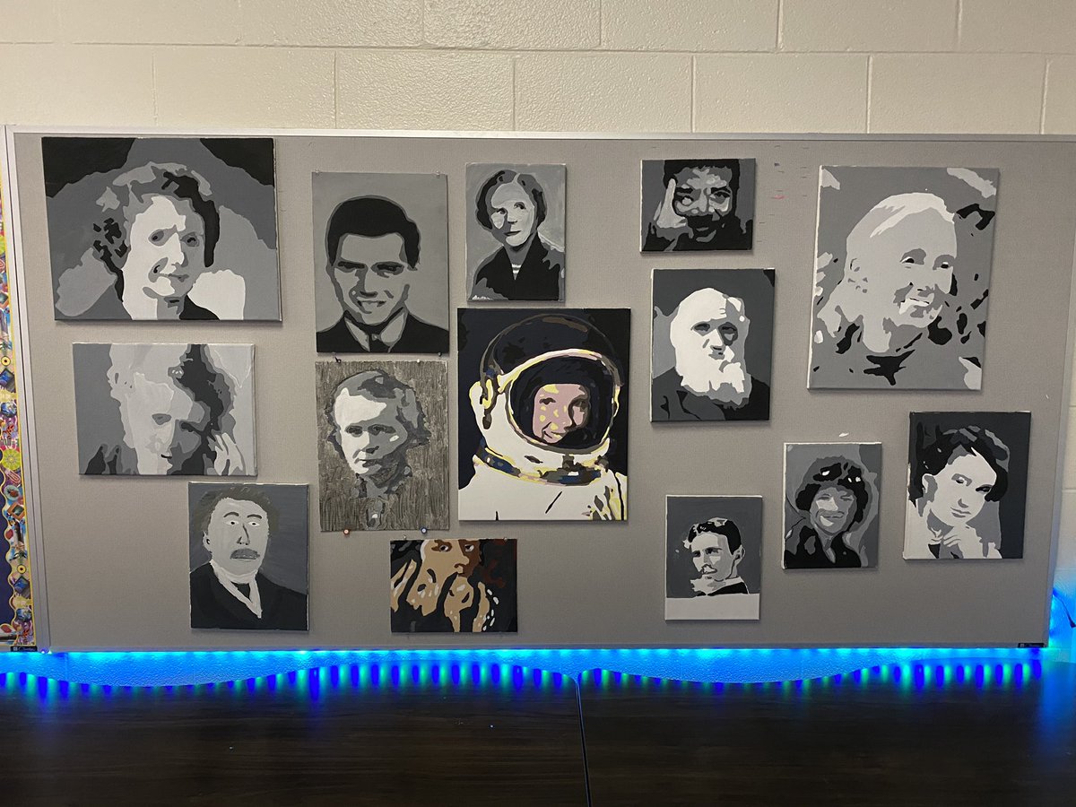 gartmann_scott's tweet photo. Pushing students to try something new. Many painted a portrait of their scientist for the gallery walk. Here are a few from our showcase today #whitnallpride #WMS https://t.co/ZzInocDt14