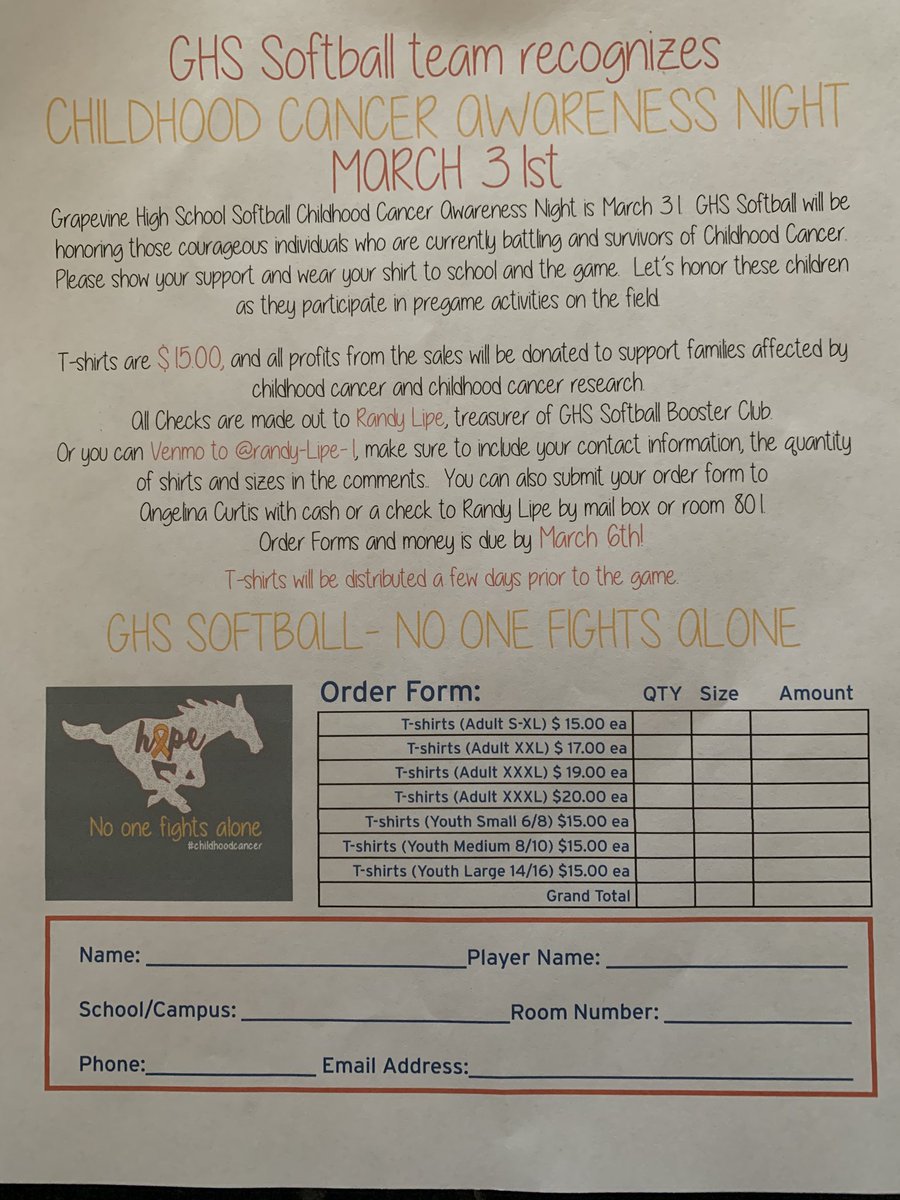 SandiBingham's tweet photo. ⁦@GHSMustangSB⁩ Childhood Cancer Awareness night is March 31. Buy a Tshirt and support the cause! Last day for Tshirt sales is Friday. Place your order today! ⁦@curtis_coach⁩ #noonefightsalone #mustangschoosehope https://t.co/SLwmliDml3