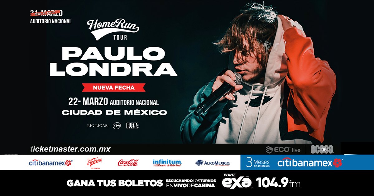 ExaFM's tweet photo. ¡Estamos a MUY pocos días del concierto de @PauloLondra! 😎 ATENTOS a los turnos del 104.9FM y a TODAS nuestras redes sociales para que participes por tus boletos. 🙌 https://t.co/2pDu0PijJt