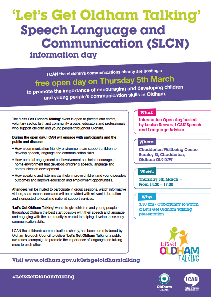 #LetsGetOldhamTalking is hosting a free #SLCN event in #chadderton on 5th March, 2.30pm - 5pm at the <a href="/OCLactive/">Poc By Matrixm</a> #chadderton wellbeing centre. It's open to parents, carers, voluntary community groups, educators and professionals who support children &amp; young people #oldhamhour