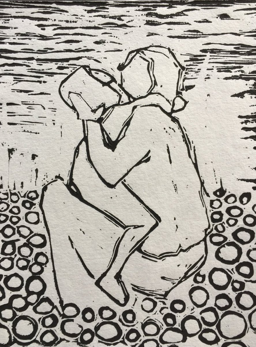 AlisonMoyet's tweet photo. A sketch of a woman I saw holding her child on the beach. A quick lino cut. https://t.co/ScDRPeudEn