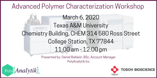 baldw184's tweet photo. Polymer World: Please join me for the Fundamentals and Frontier of Advanced Polymer Characterization Workshop in @TAMU on 3/6/2020 at 11AM. Room CHEM 314. 

For registration: https://t.co/IW62Z57IaJ

@TosohBio @TAMUChemistry #Tosoh #polymer #chromatography #GPCexperts https://t.co/9TesOPanFS