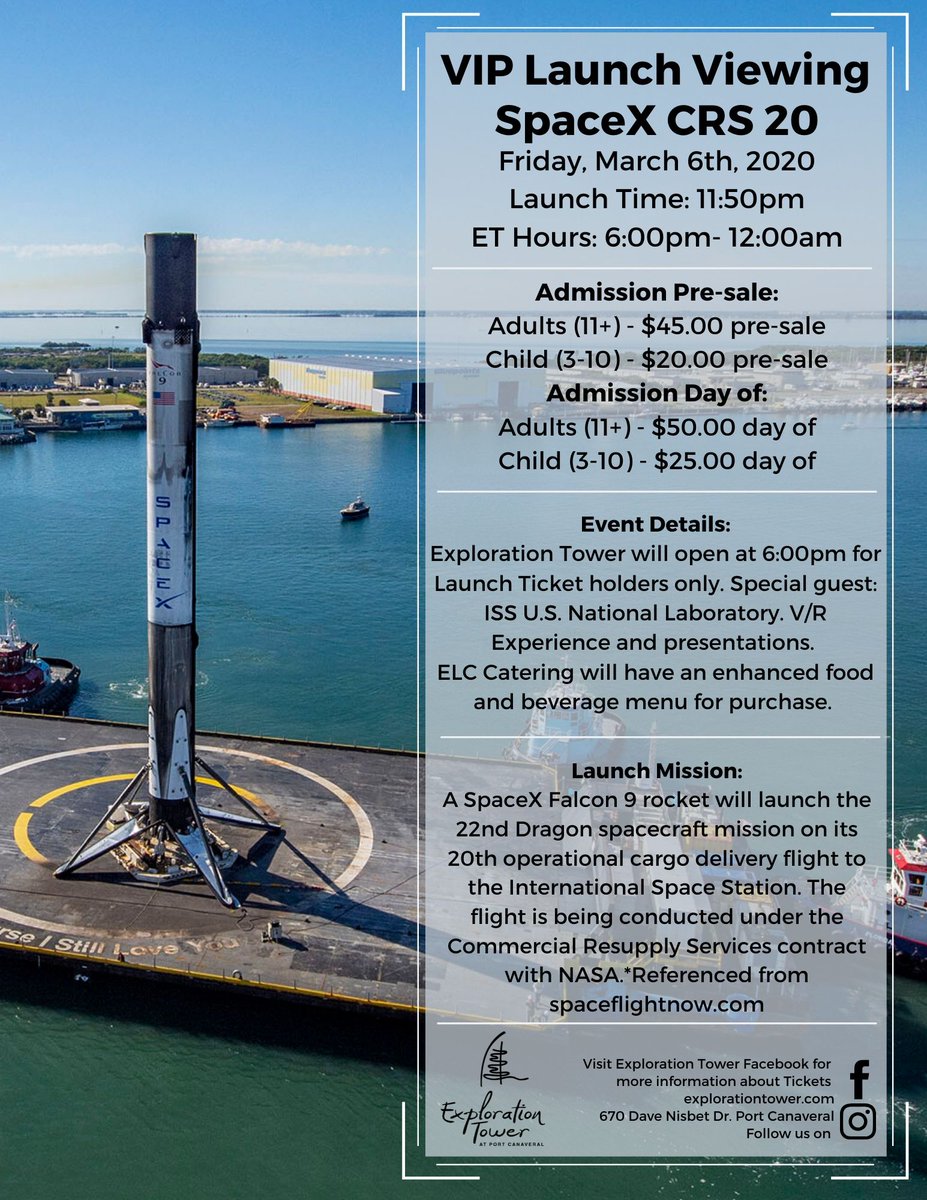 Explorationtwr's tweet photo. ELC Catering and Events will have an enhanced food and beverage menu for purchase during the SpaceX CRS 20 Launch. Launch tickets are still available on our website at https://t.co/XRd4q6gTtn. Get them now before we sell out! 🚀 https://t.co/jwYXn1CQT5
