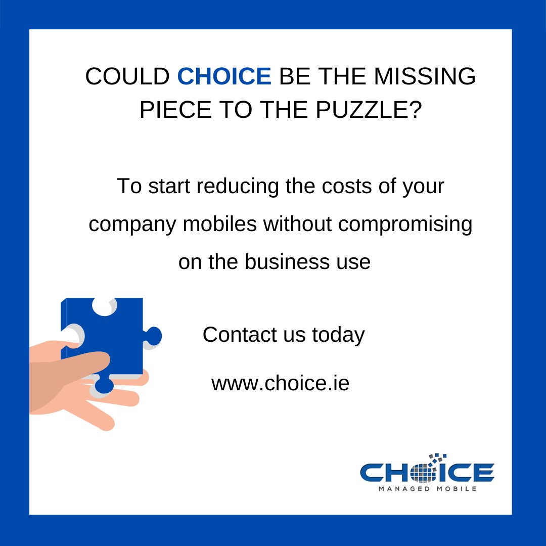 Choice_ie's tweet photo. Is Choice the missing piece for you to start saving money on your mobile fleet. 
#mobilitymanagement #managedservices #mobility #services #mobiledevices #manage #choice #customerservice #data #analytics #dataanalytics #savings #puzzle

https://t.co/tblWEcuE7z https://t.co/oAHReQmhWN