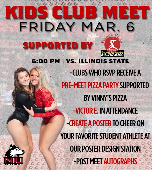 HUSKIE FANS! We want to see you in Victor E. Court for our last home meet of the season! Clubs interested in the pre-meet pizza party should email tbusch1@niu.edu to RSVP. We hope to see you there! #DefendTheMission 👏