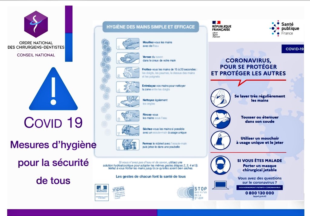 02.03.2020  #COVID2019 : deux affiches proposées par l'ordre des chirurgiens dentistes de France  concernant les mesures d'hygiène et de protection contre la propagation du  #coronavirus.