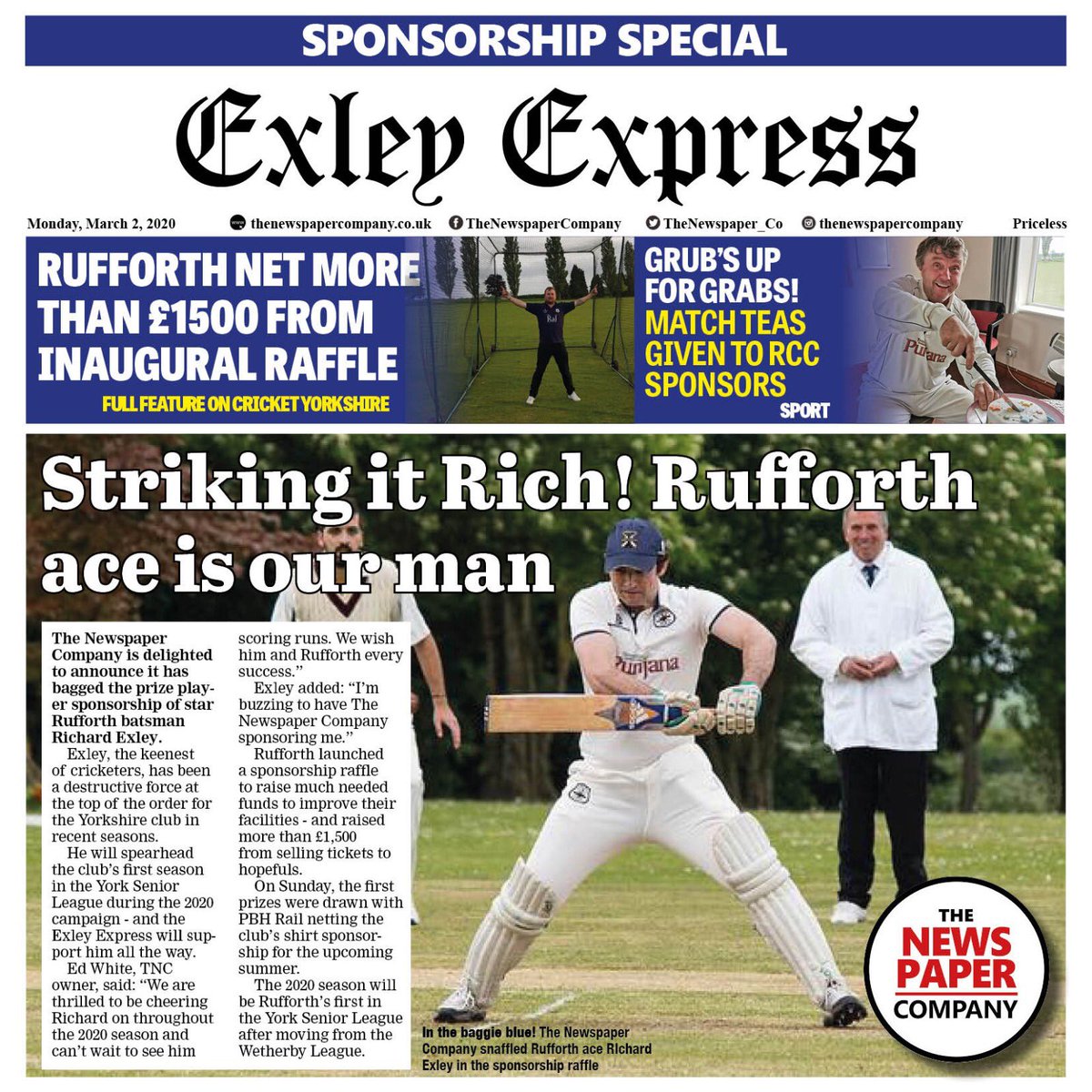 TheNewspaper_Co's tweet photo. 🏏 We are thrilled to have claimed the player sponsorship of Rich Exley in the inaugural @RufforthCC sponsor prize draw! 🏏

We look forward to supporting Rich in RCC’s first season in the @YDSCL 💪

@cricketyorks #cricket #yorkshire #sponsorship https://t.co/bzROjMsyDH