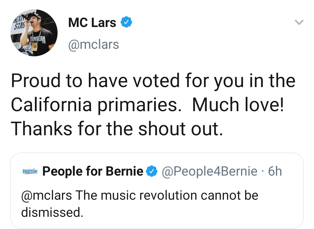 Artists big and small should be using their platforms to support  @BernieSanders for president!The winner of the primaries will be decided in the next 5 months. Let& #39;s make sure we send someone good up against Trump!