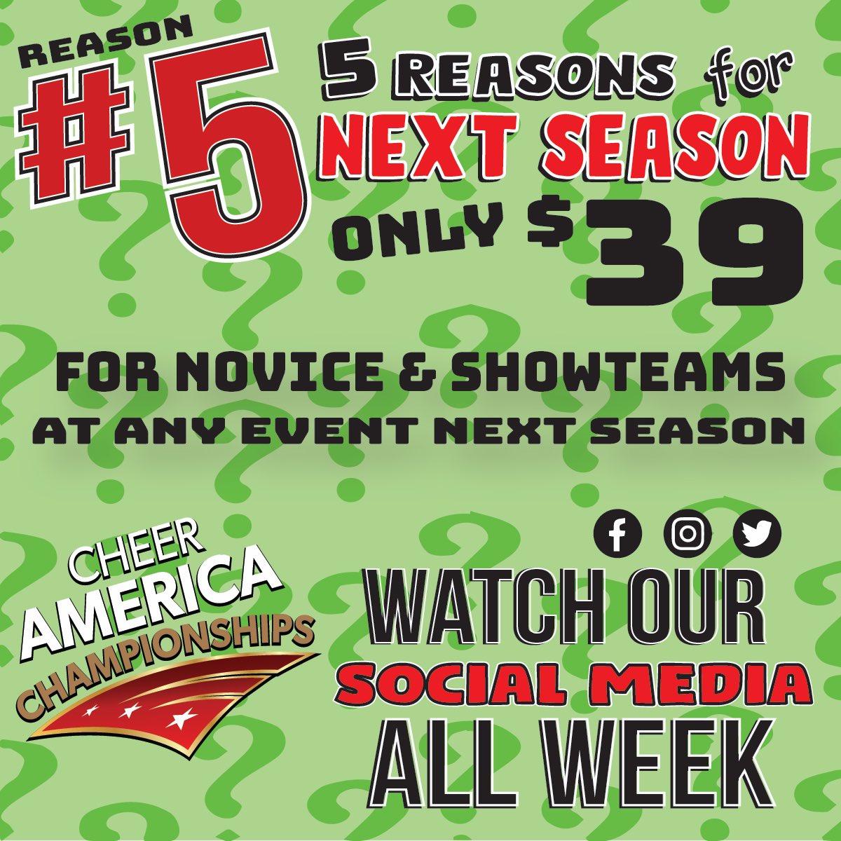 We are counting down the top 5 reasons to choose Cheer America Championships this next season! Here is #5 #cheeramerica #cheer #dance #events #worldbids #worlds2021 #theonefinals