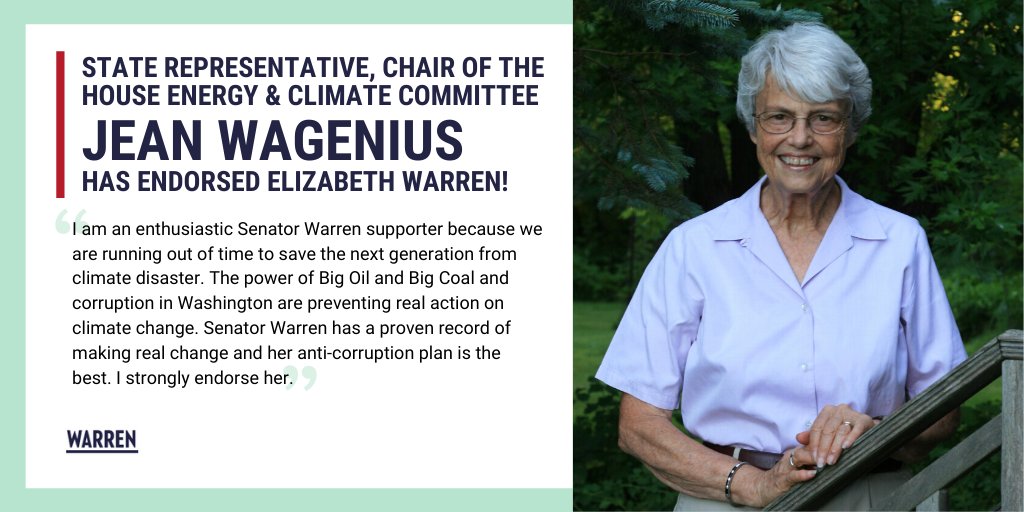 persistMN's tweet photo. "Senator Warren has a proven record of making real change and her anti-corruption plan is the best. I strongly endorse her." β @JeanWagenius, Minnesota State Representative and Chair of the House Energy & Climate Committee
#MNforWarren
#WarrenWins
#ChooseWarren https://t.co/7e2yT68W28