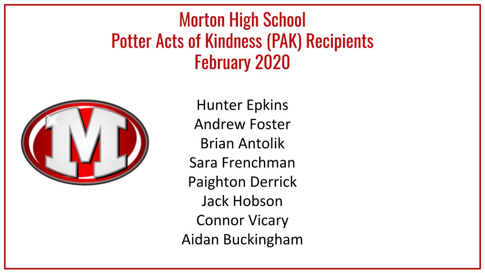 MHSStudentServe's tweet photo. THANK YOU to another great group of PAK (Potter Acts of Kindness) recipients! Your acts of kindness help to make Morton High School a better place 😊👍 #SpreadKindness https://t.co/FSogtCukG2
