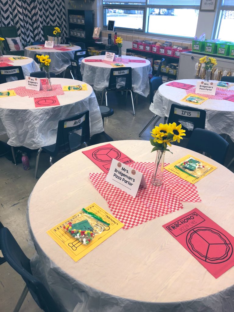 MrsBridgeman3rd's tweet photo. This year, “Mrs. Bridgeman’s Pizza Parlor” was focused around introducing the concept of comparing fractions! This was a hands-on learning approach that allowed my students to model fractions and then use those models to make their comparisons! 🍕#thisisd52 https://t.co/zz8rp4L1lt