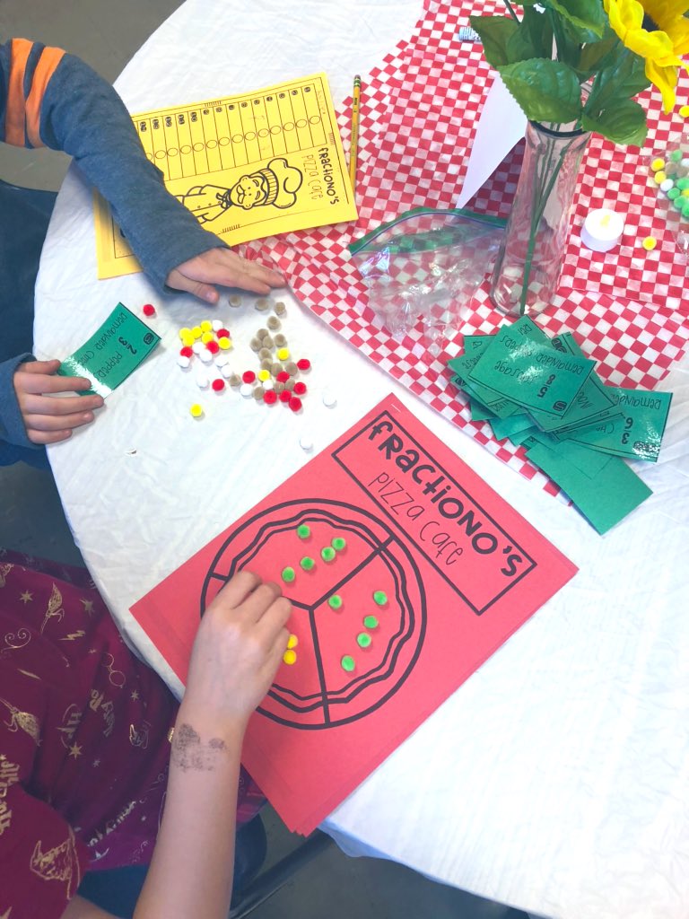 MrsBridgeman3rd's tweet photo. This year, “Mrs. Bridgeman’s Pizza Parlor” was focused around introducing the concept of comparing fractions! This was a hands-on learning approach that allowed my students to model fractions and then use those models to make their comparisons! 🍕#thisisd52 https://t.co/zz8rp4L1lt