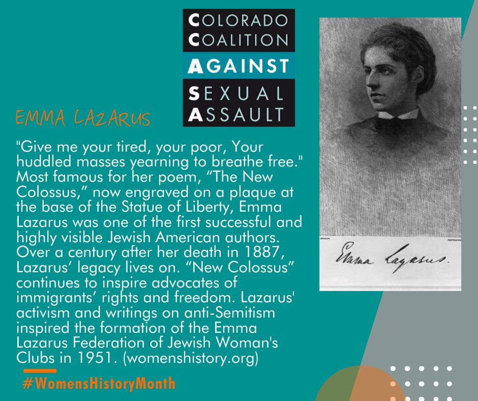 CCASAColorado's tweet photo. March is #WomensHistoryMonth! Take a time out to learn about women who made great contributions such as Emma Lazarus. Be inspired! #InTheIntersections https://t.co/GrBQMzFfiL