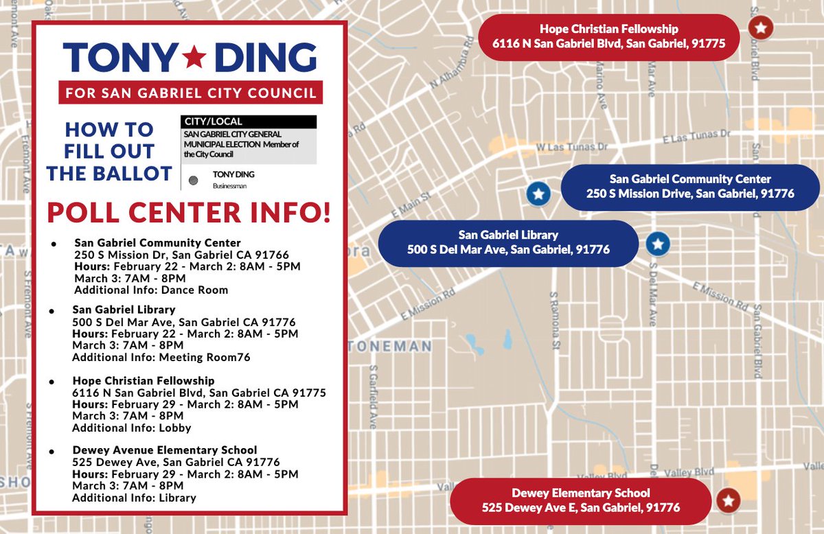 CouncilmanDing's tweet photo. The last day to vote for Tony Ding for San Gabriel City Council is TOMORROW, THIS TUESDAY, MARCH 3! Make sure to go to one of the poll centers listed here BY TUESDAY, MARCH 3, to make the best choice for San Gabriel!

Questions about voting? Visit https://t.co/uhAa3VUm96! https://t.co/oMEWtK3xvQ