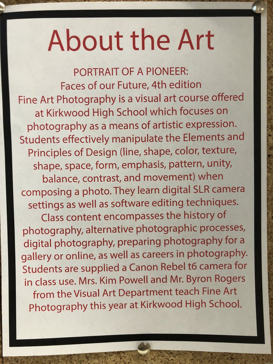 Check out the <a href="/KirkwoodHS/">Kirkwood High School</a> 4th Edition of “Portraits of a Pioneer: Faces of Our Future” exhibition <a href="/KirkwoodLib/">Kirkwood Library</a> March 2-April 30, 2020 #youthartmonth #KHS_VisualArt #portraitphotography #PioneerYAM #maeahs