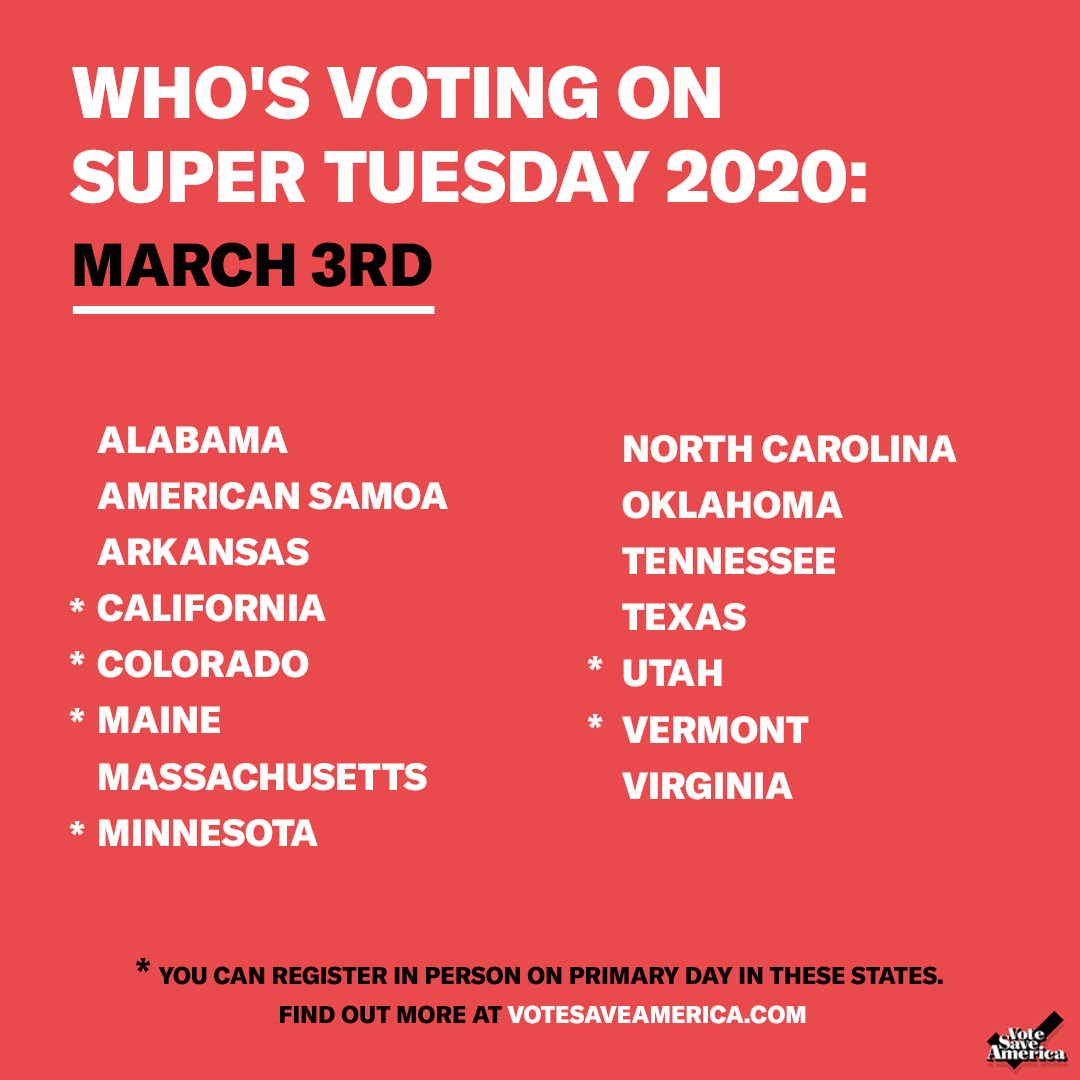 votesaveamerica's tweet photo. HEY. If you’re in:

-Alabama
-American Samoa
-Arkansas
-California
-Colorado
-Maine
-Massachusetts
-Minnesota
-North Carolina
-Oklahoma
-Tennessee
-Texas
-Utah
-Vermont
-Virginia

VOTE IN YOUR PRIMARIES TOMORROW! https://t.co/9RGfFu6dtE has everything you need. https://t.co/SHQqkHXUKk