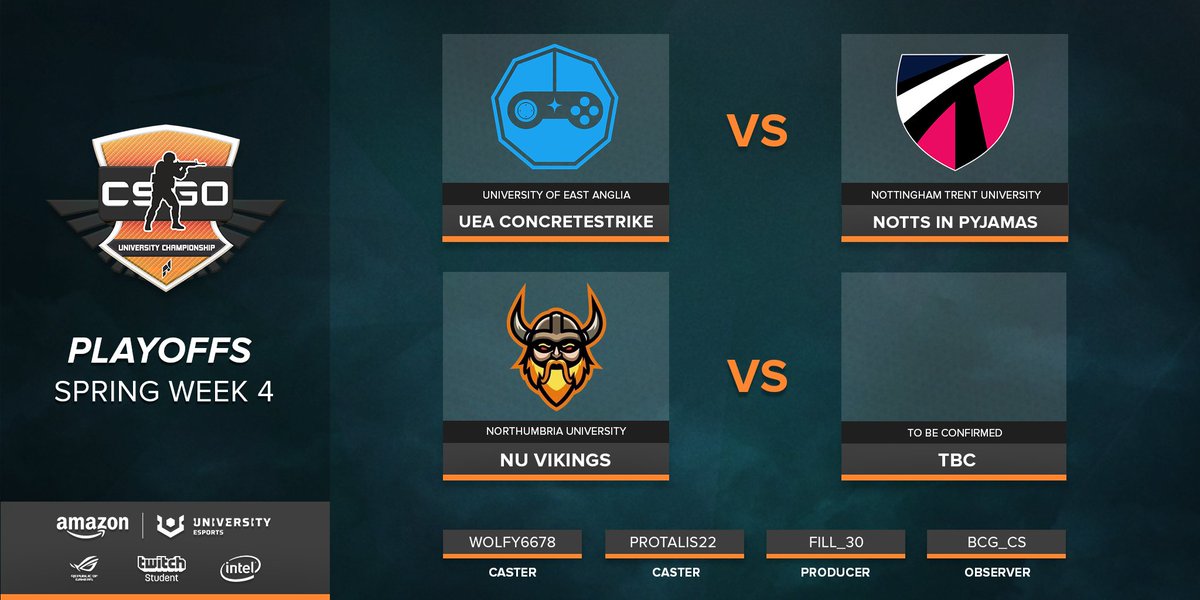 UniEsportsUKI's tweet photo. 👀 #NUELSpring CS:GO Playoffs kick off tonight, and it's gonna be a long one!

🤔 First, it's a Bo1 between @UEAVGS and Notts In Pyjamas

Then a Bo3 with the only undefeated team so far @NorthumbriaGG 😮

📺 7:15pm GMT https://t.co/I40dhfZjf2 https://t.co/ljGocREJ7c